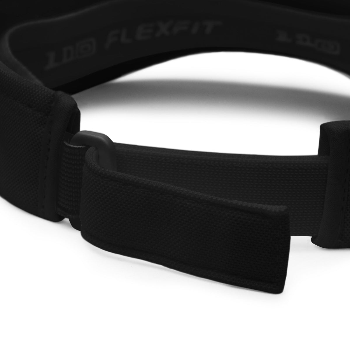 Close-up of the adjustable rear strap on a black SECURITY visor.