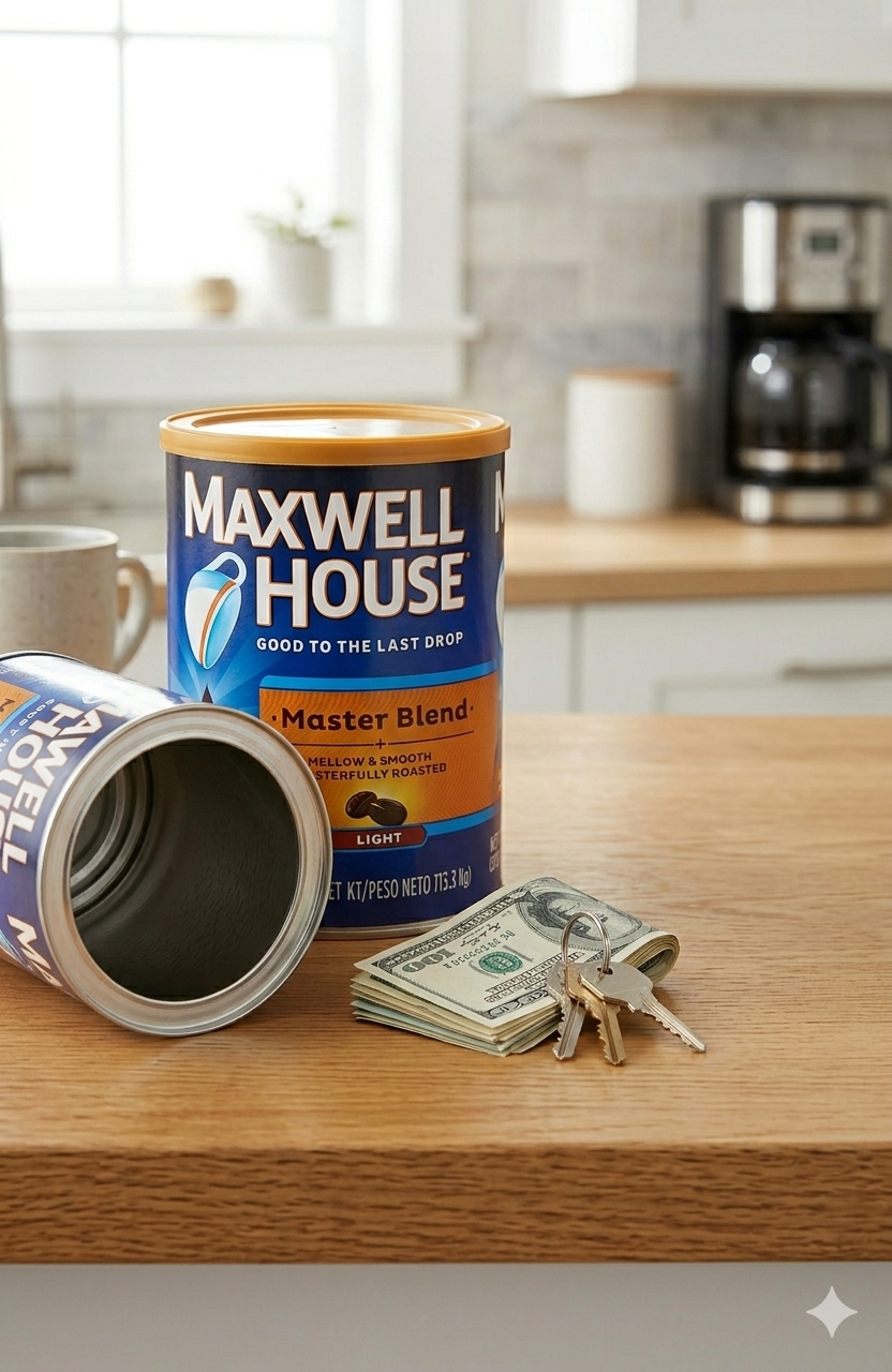 Coffee can diversion safe with concealed internal storage compartment for cash, jewelry, documents, spare keys, and other small valuables
