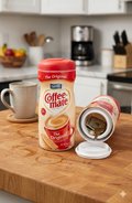 Coffee Mate creamer diversion safe with concealed compartment shown open for discreet storage of cash, keys, jewelry, and other small valuables