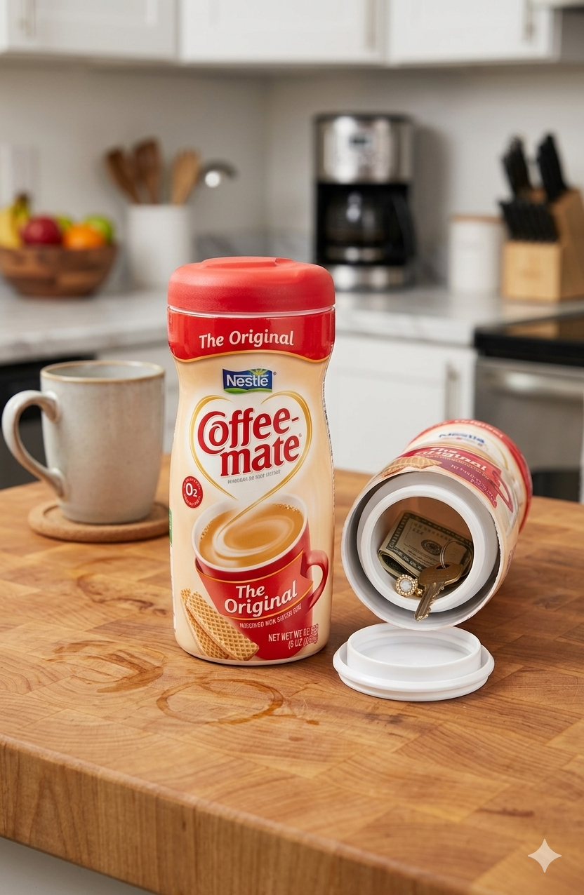 Coffee Mate creamer diversion safe with concealed compartment shown open for discreet storage of cash, keys, jewelry, and other small valuables