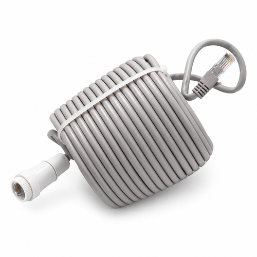 Coiled 60-foot Cat5e Ethernet cable with connector.