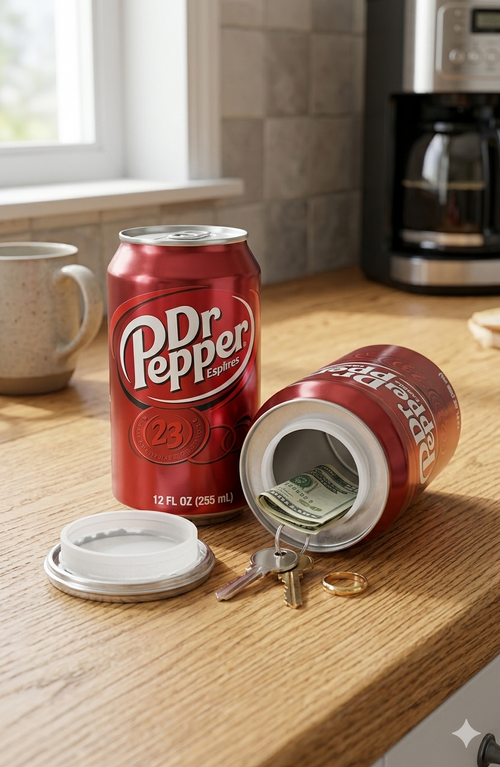 Dr Pepper soda can diversion safe with concealed internal storage compartment for cash, jewelry, spare keys, documents, and other small valuables