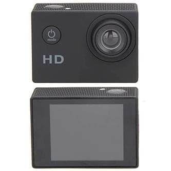Front and rear views of black action camera body.