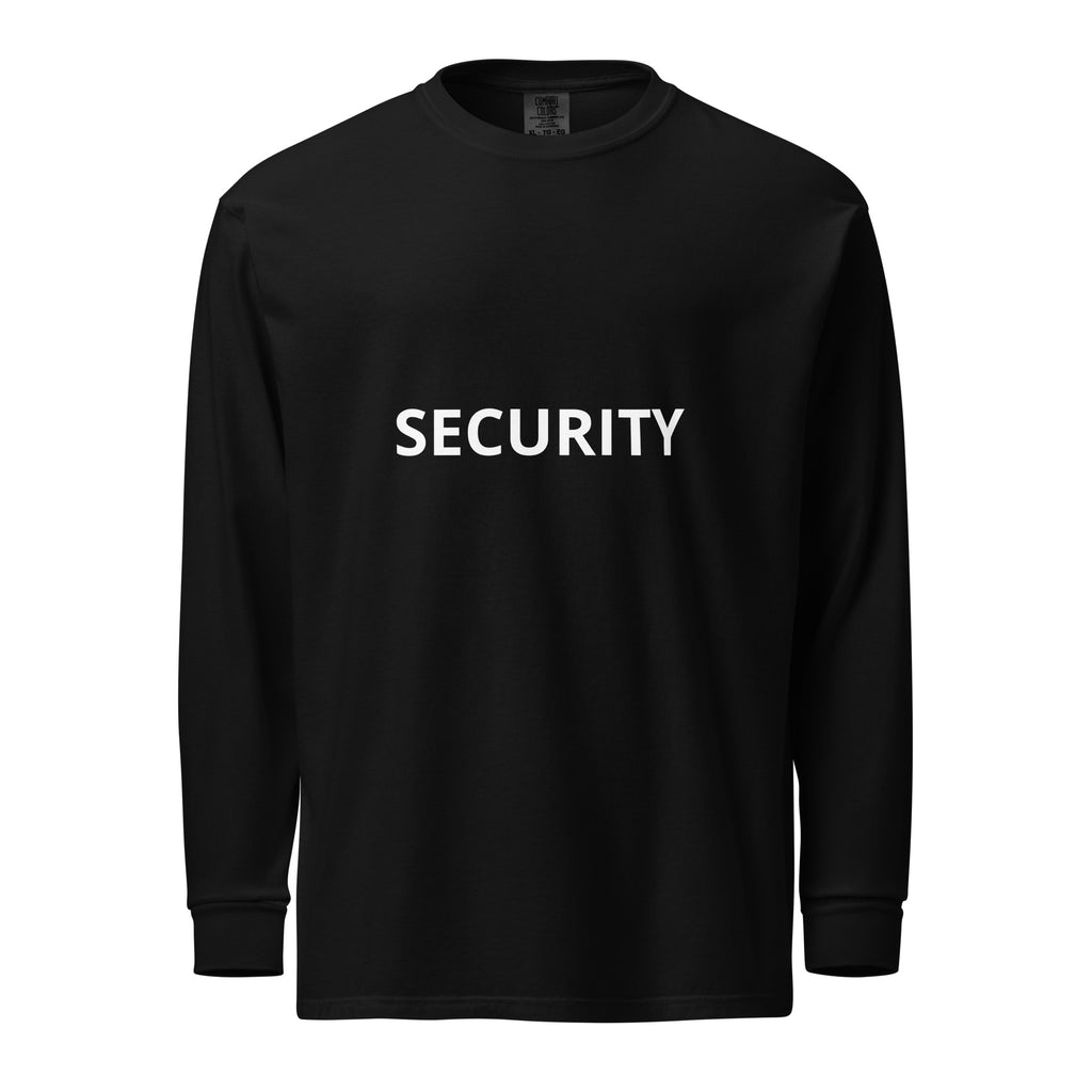 Front view of black long-sleeve shirt with white SECURITY lettering.