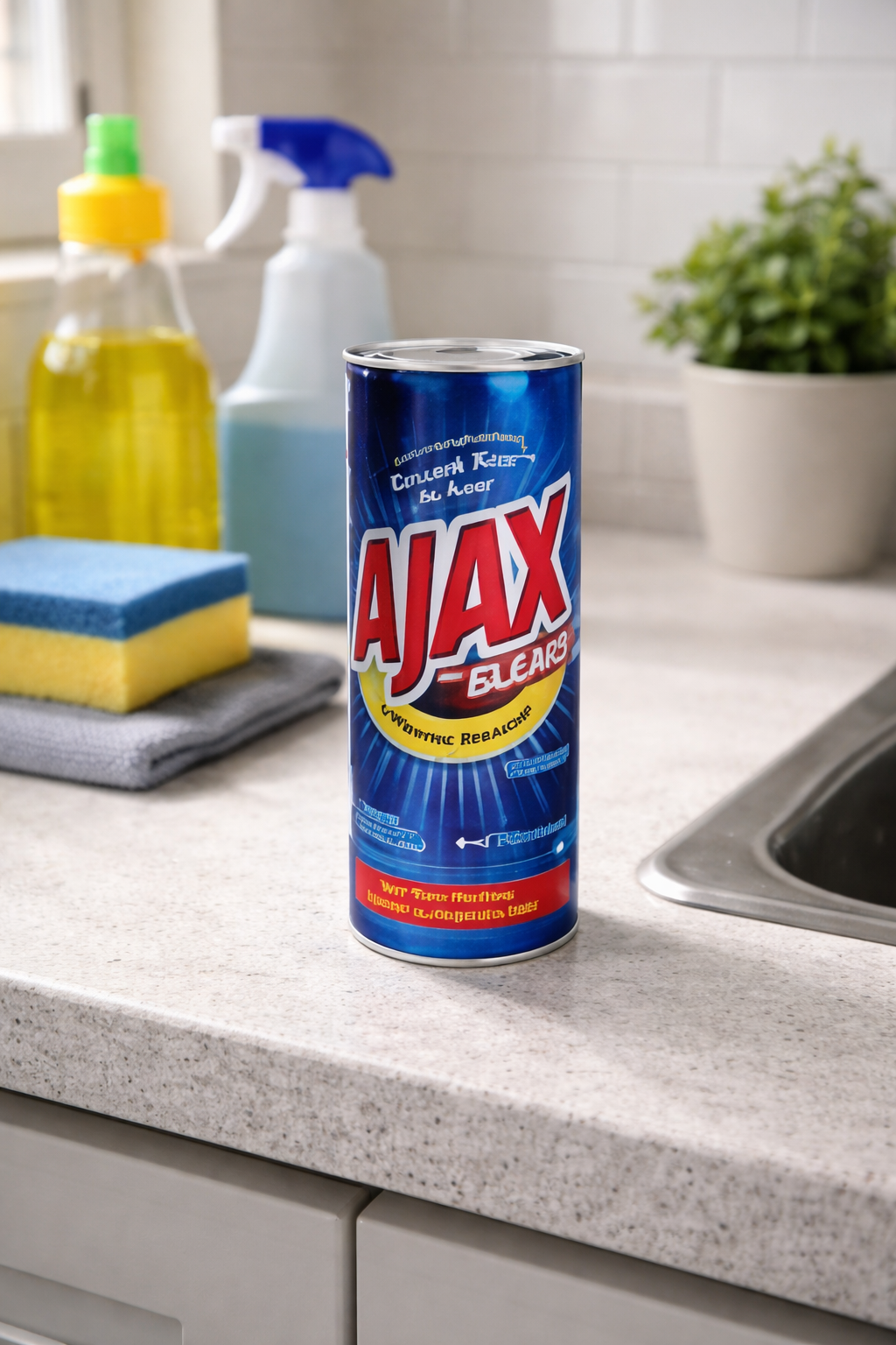 Hidden cleaning product diversion safe disguised as an Ajax cleanser container on a kitchen counter for discreet valuables storage