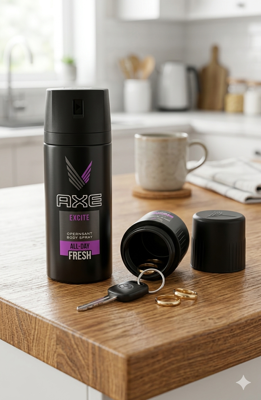 Hidden deodorant diversion safe disguised as a black personal care container with concealed storage for keys, cash, jewelry, and small valuables
