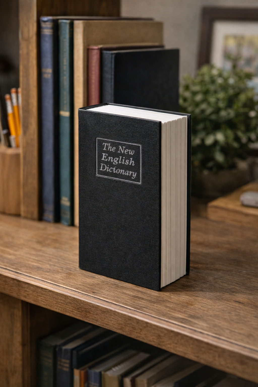 Key-locking book diversion safe disguised as an English dictionary displayed naturally on a bookshelf
