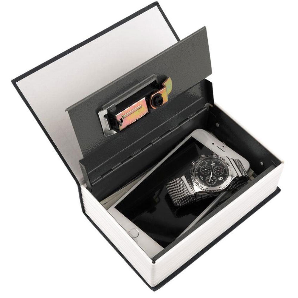 Open key-locking book diversion safe showing concealed interior compartment for storing a watch and small valuables