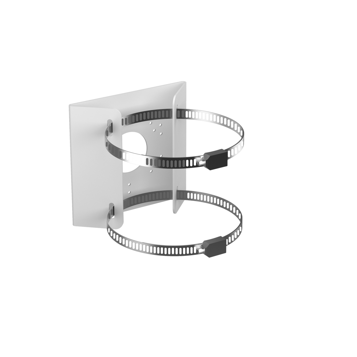 Montavue MA157 white pole mounting bracket with metal fastening bands