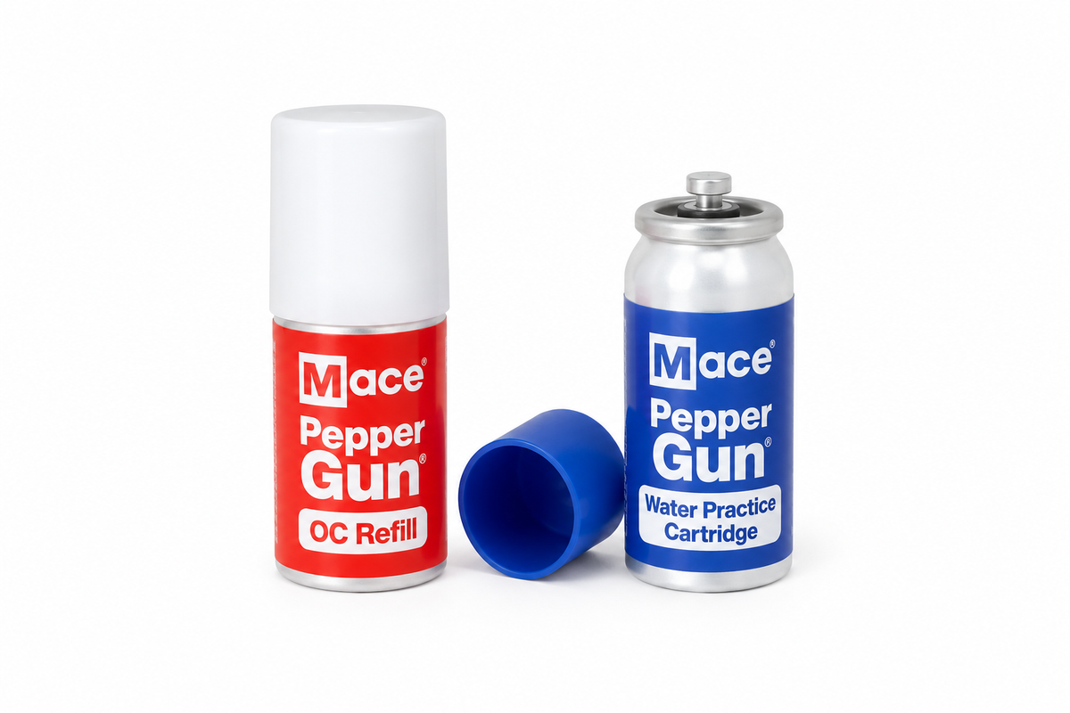Mace 80422 pepper gun refill kit with red OC cartridge and blue water practice cartridge on a white background
