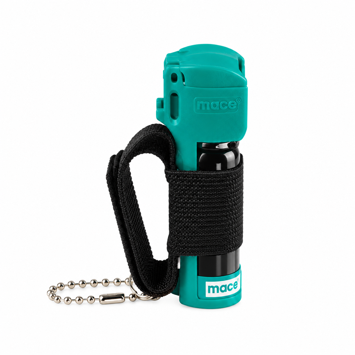 Turquoise Mace 80536 Muzzle Dog Repellent with black hand strap and keychain on a white background