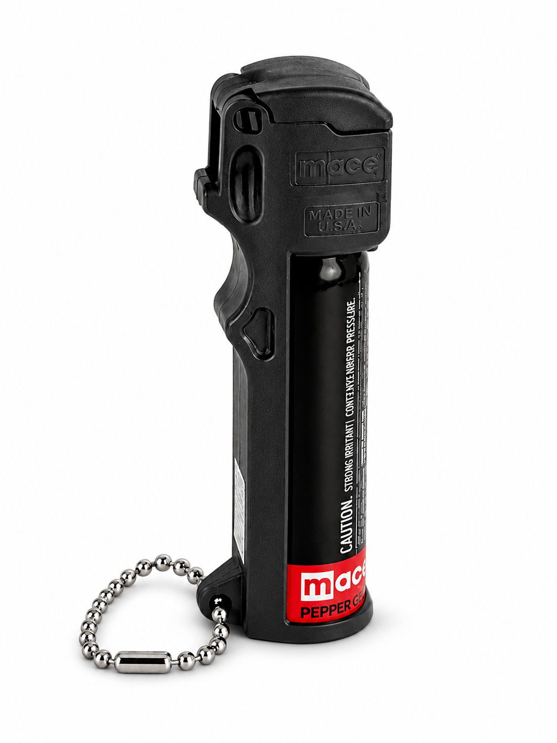 Black Mace Personal Model pepper spray with attached silver keychain on a white background