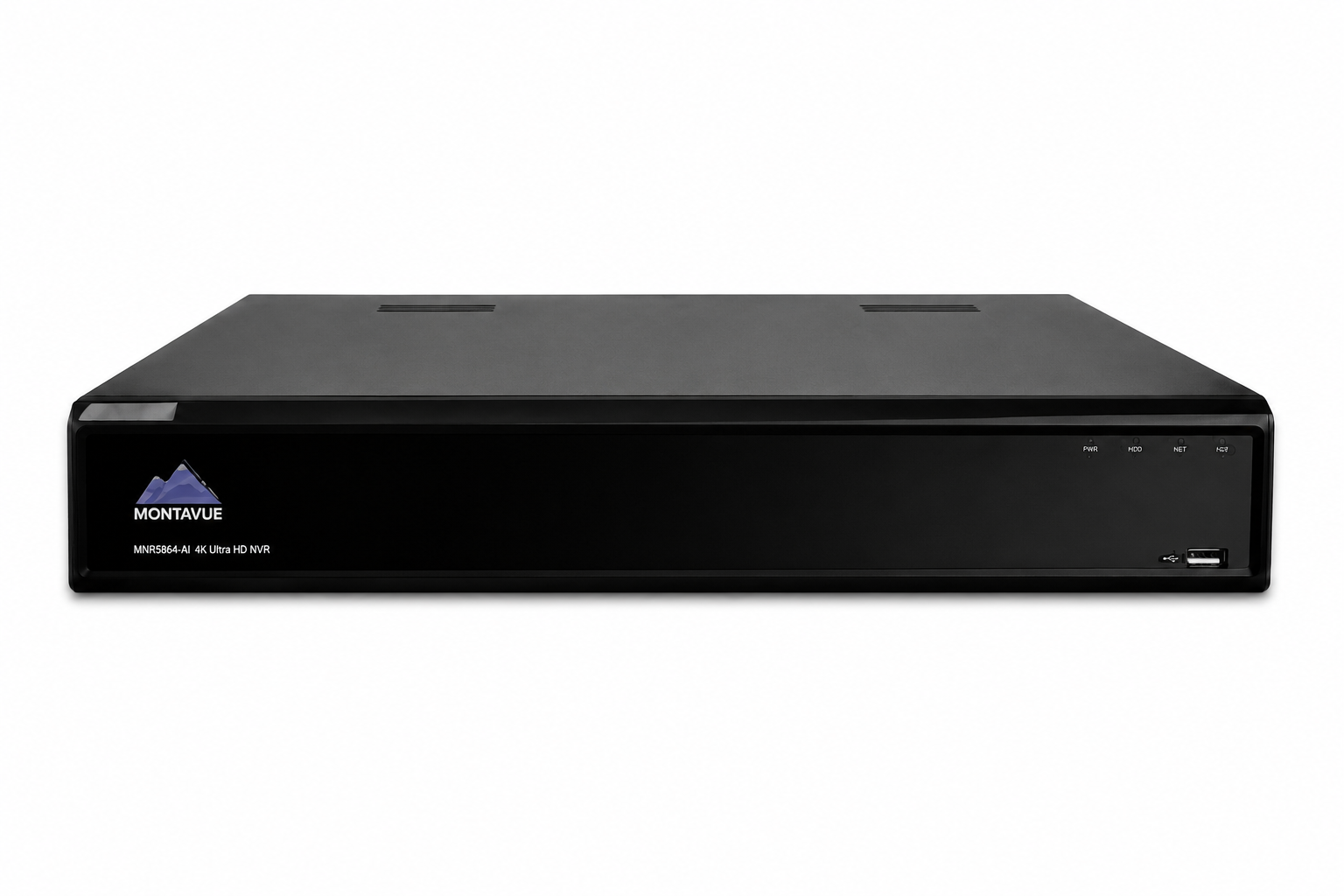 Front view of Montavue 64-channel 4K Pro AI network video recorder with up to 160TB storage for enterprise security camera systems.