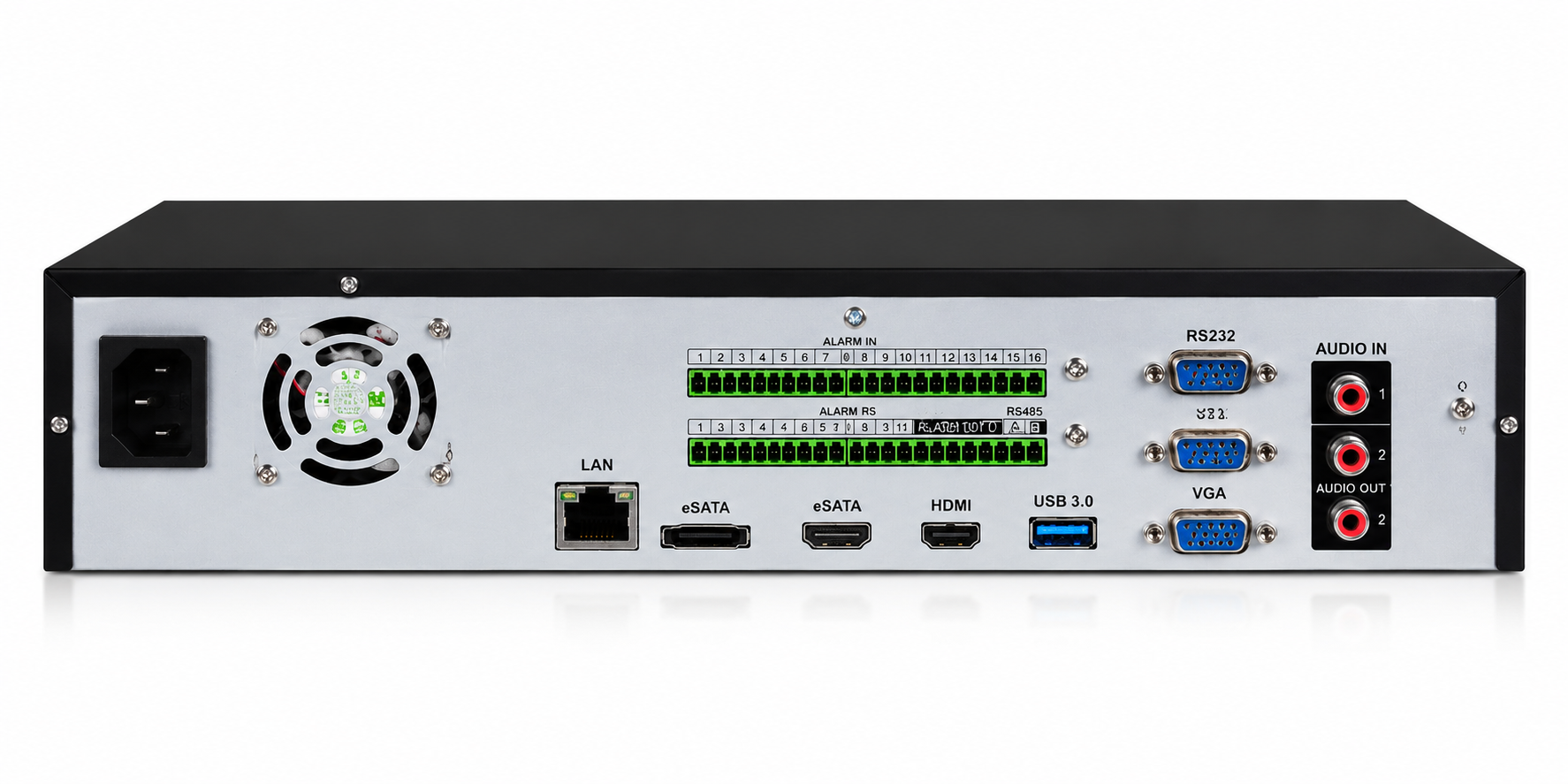Rear view of Montavue 64-channel 4K Pro AI network video recorder showing LAN, eSATA, HDMI, VGA, USB, audio and alarm connections.