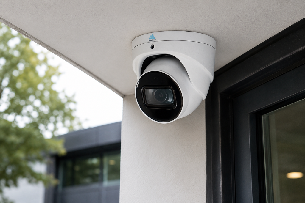 Montavue 8MP 4K AI varifocal dome security camera ceiling mounted for outdoor surveillance.