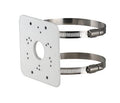 White Montavue MAM152-E pole mount bracket with mounting holes and two metal fastening straps
