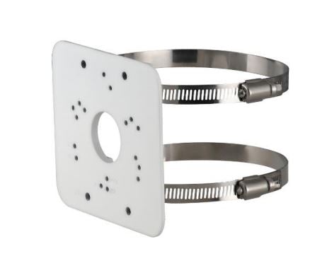 White Montavue MAM152-E pole mount bracket with mounting holes and two metal fastening straps