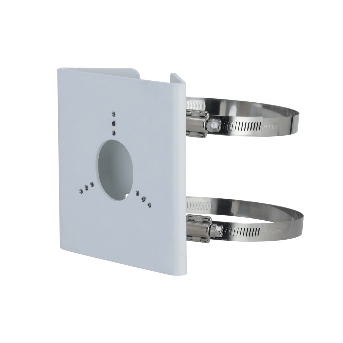 Montavue MAM157 pole mount bracket with mounting plate, cable opening and two metal fastening straps