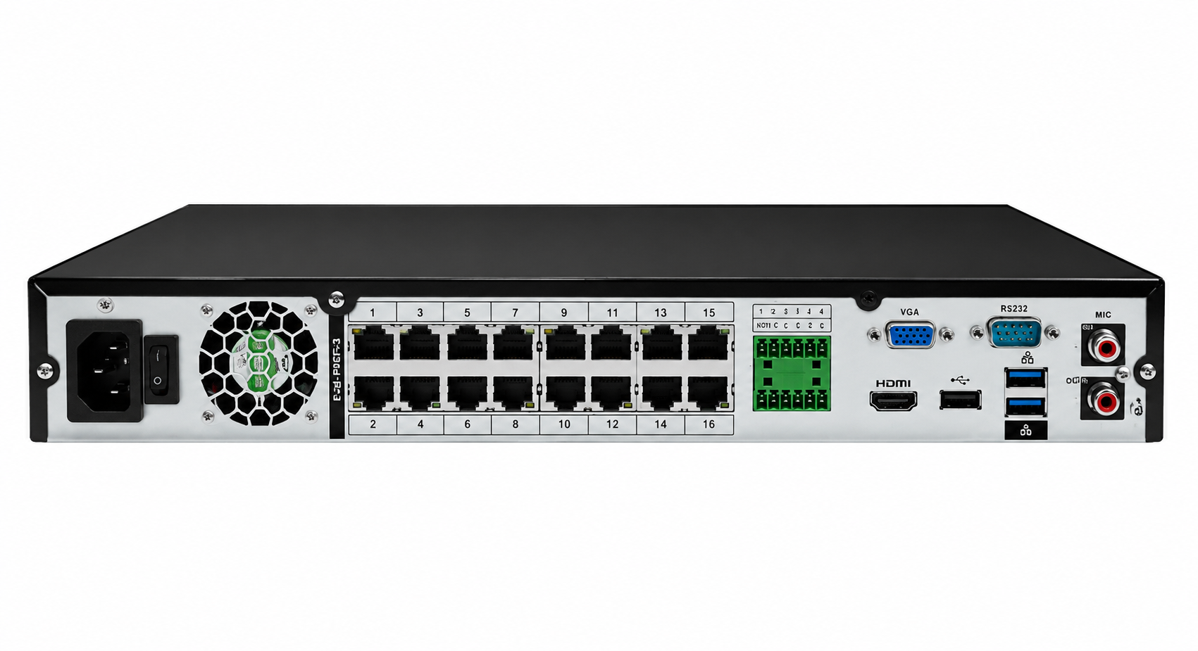 Rear view of Montavue MNR4216-16P-AI 16-channel 4K AI PoE network video recorder showing 16 PoE ports and surveillance system connections.