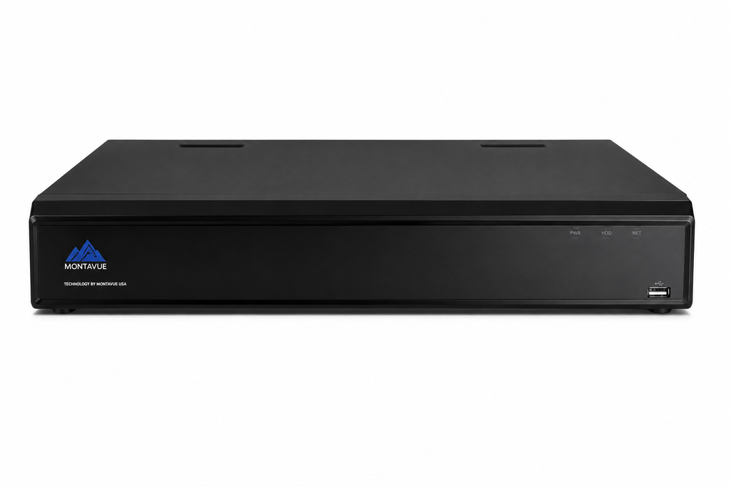 Front view of Montavue MNR4432-16P-AI 32-channel 4K AI network video recorder with 16 PoE ports for professional surveillance systems.connections.