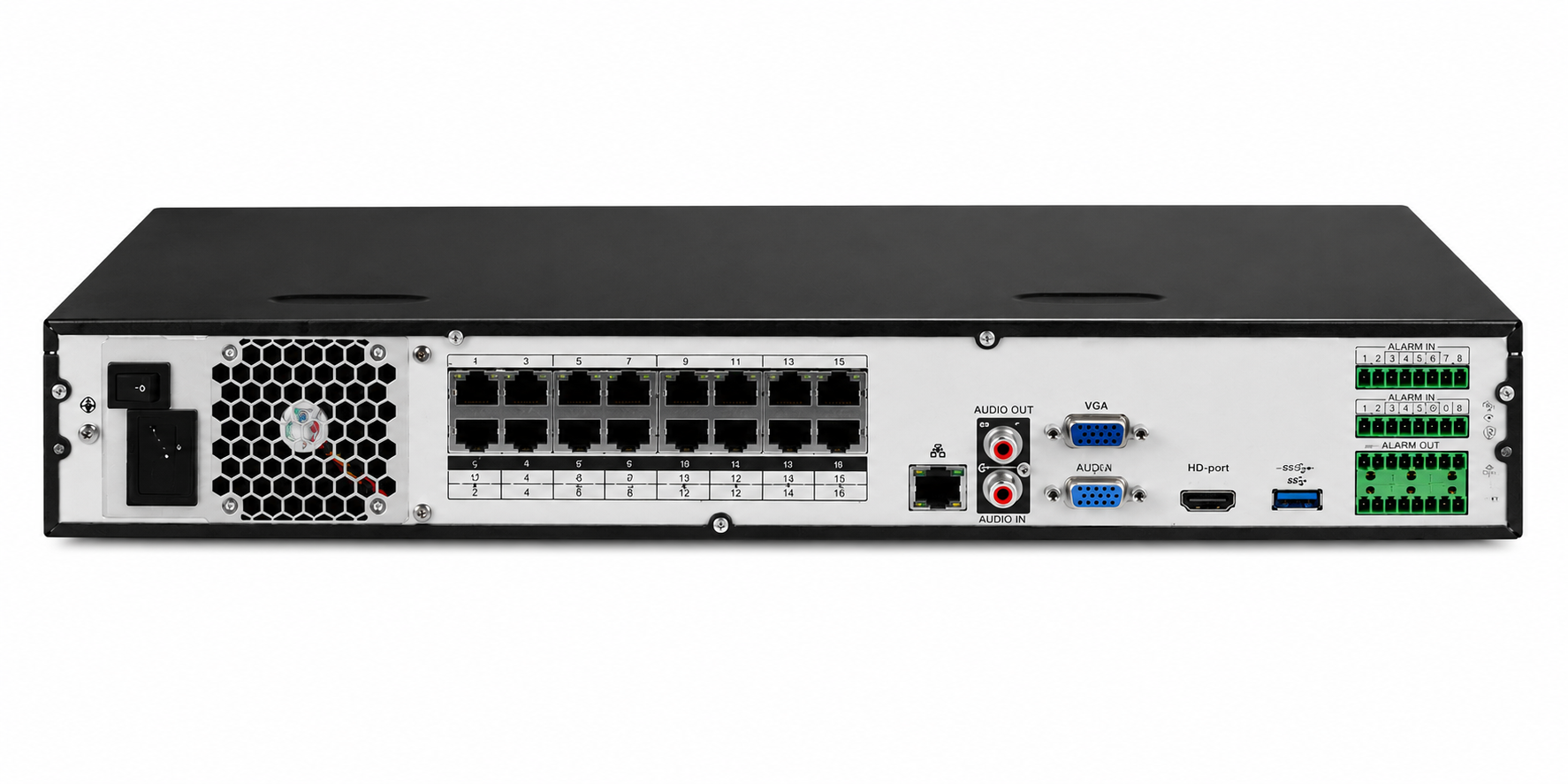 Rear view of Montavue MNR4432-16P-AI 32-channel 4K AI network video recorder showing 16 PoE ports and surveillance system connections.