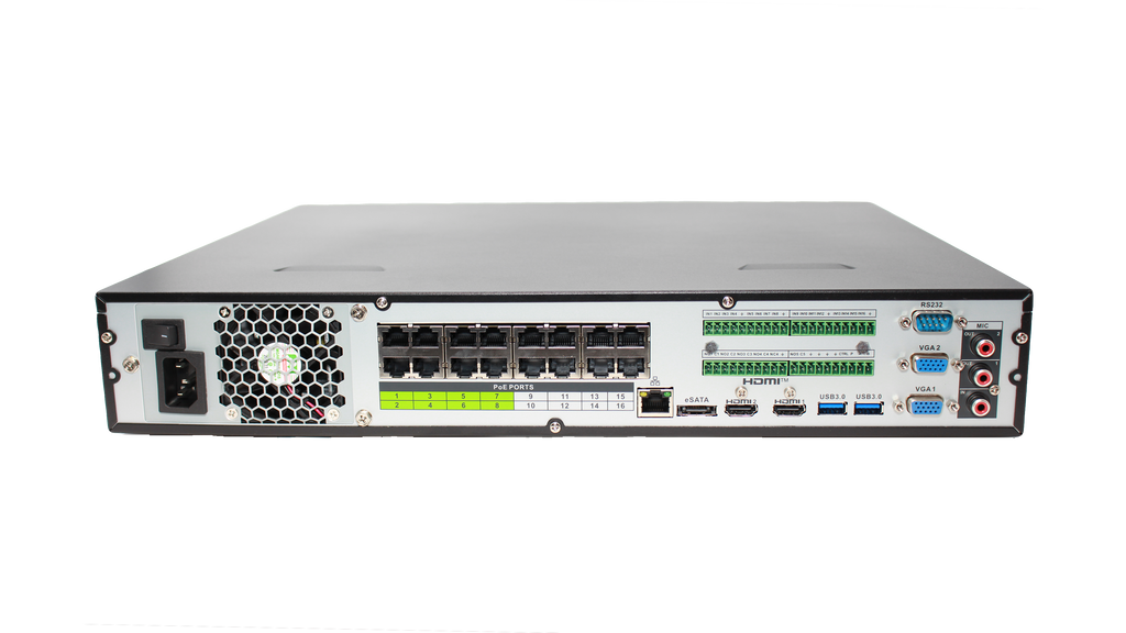 Montavue MNR5432-16P-AI network video recorder rear panel with 16 PoE ports