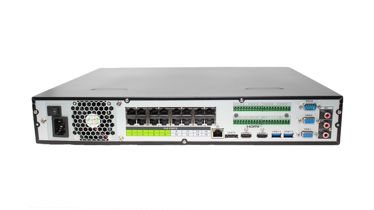 Montavue MNR5432-16P-AI network video recorder rear panel with 16 PoE ports