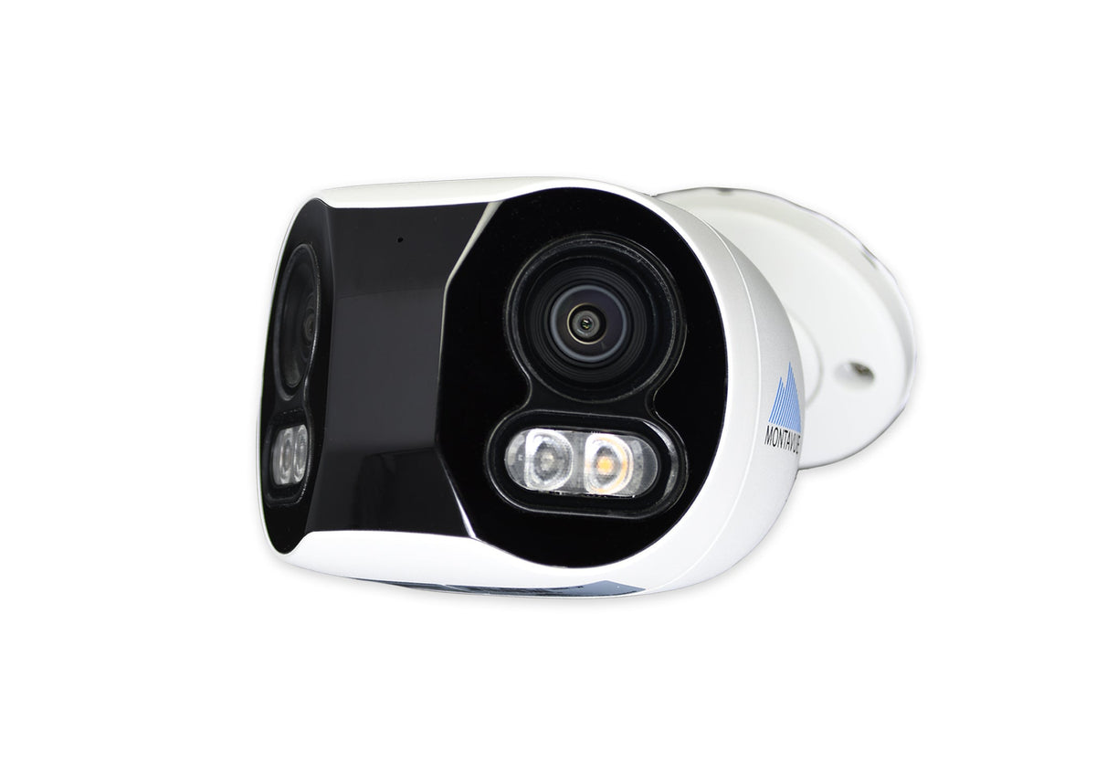 White Montavue MTB180C-FC-SMD4-W panoramic bullet camera with black front housing, lens and illumination lights