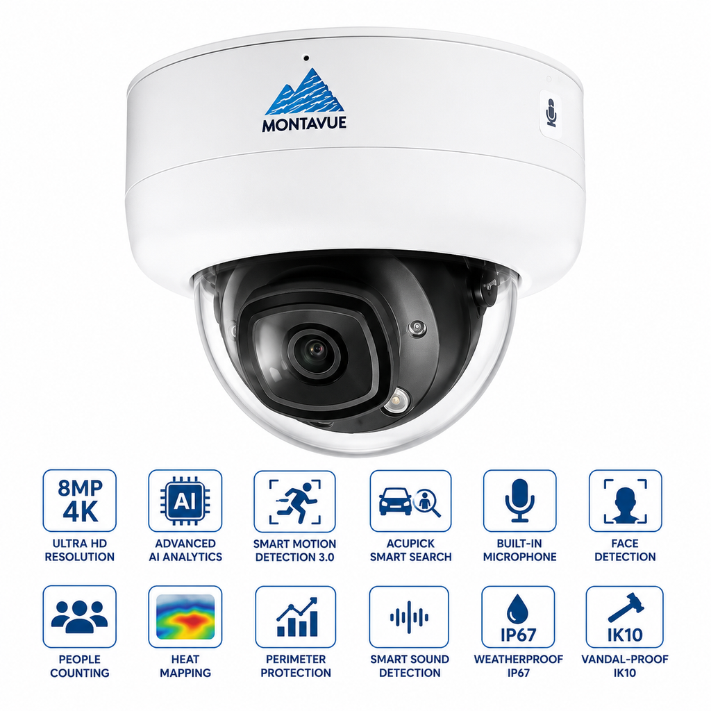 Montavue MTD8110-SMD3-AI-E 8MP 4K AI AcuPick vandal-proof dome security camera.