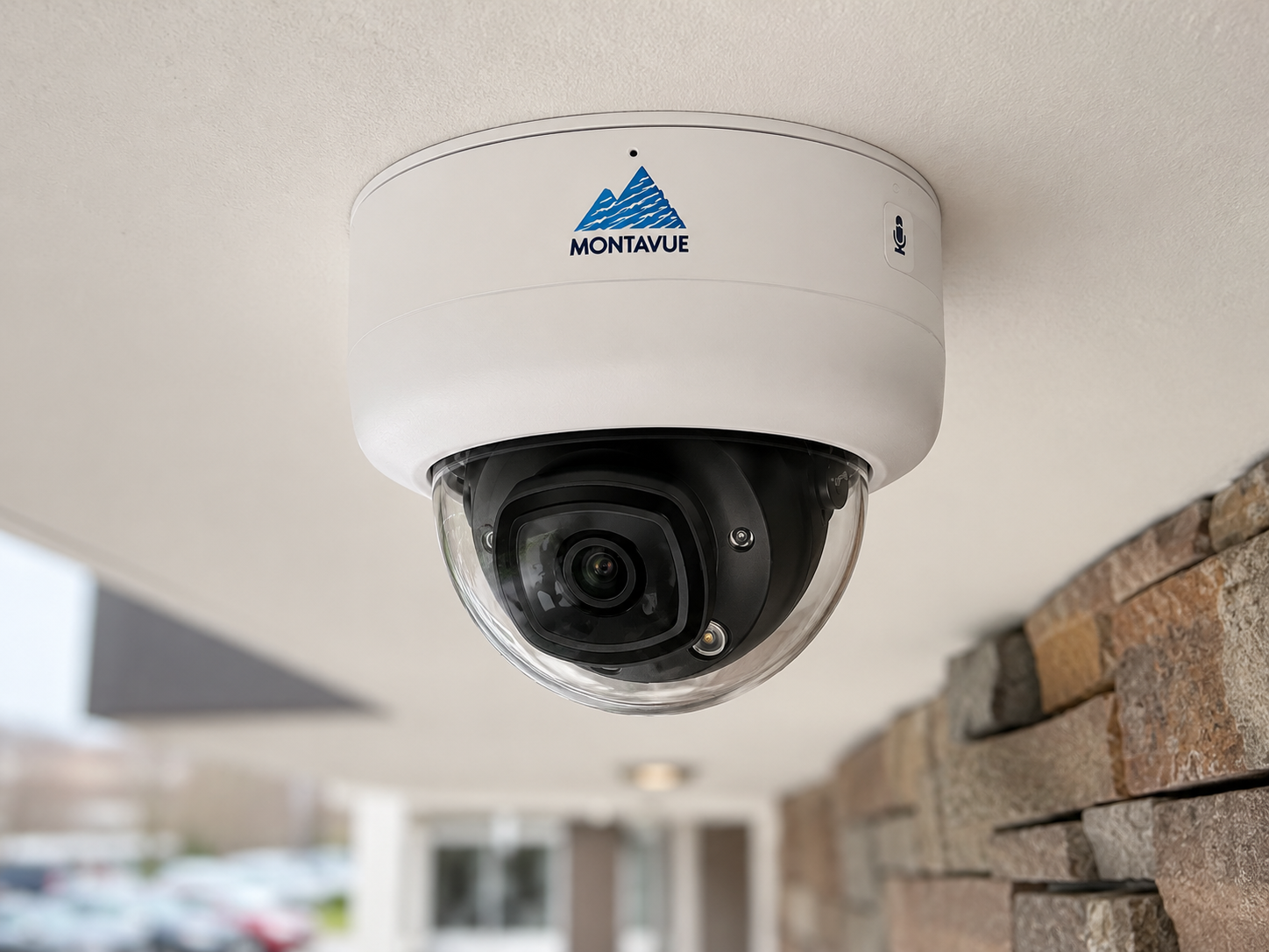 Montavue MTD8110-SMD3-AI-E 8MP 4K AI vandal-proof dome security camera installed for property surveillance.