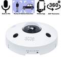 White Montavue MTF12360-AI 12MP fisheye security camera showing its central lens and speaker openings