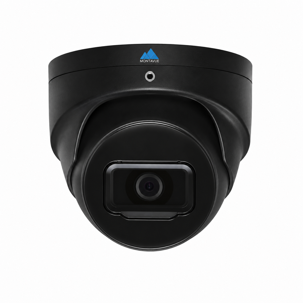 Front view of black Montavue MTT8106-SMD 8MP 4K AI turret security camera.