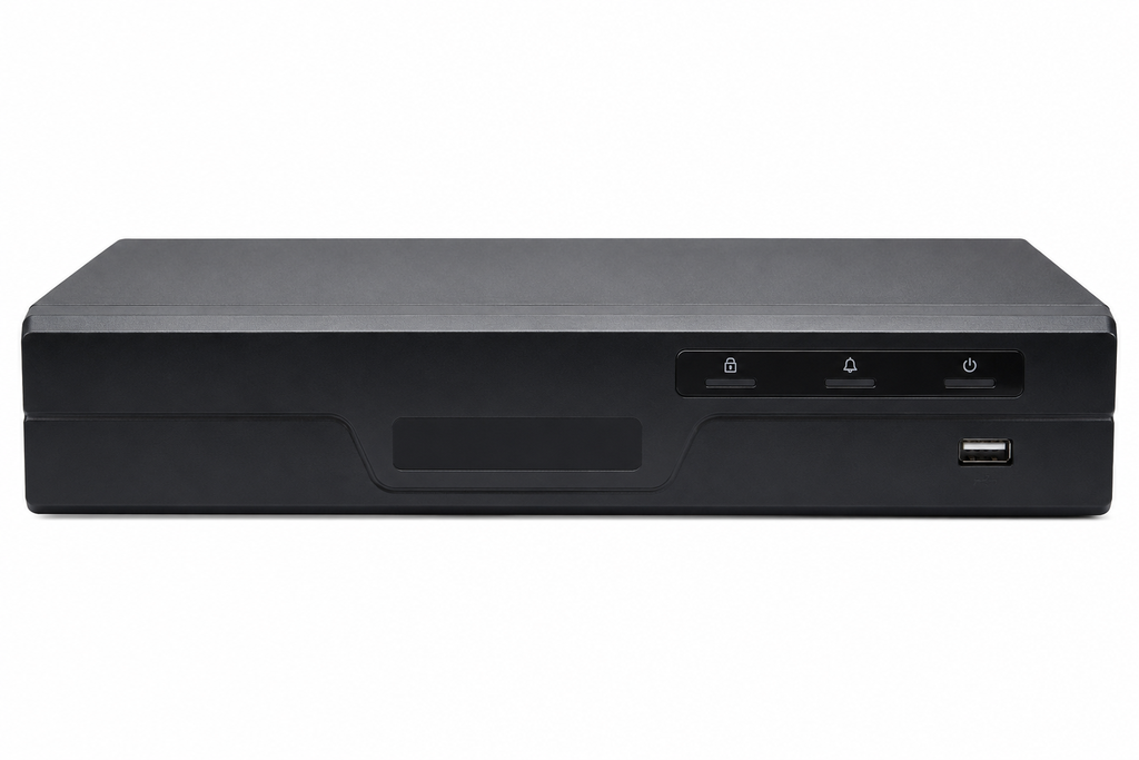 Front view of Montavue Nexus 8-channel PoE Lite AI network video recorder with built-in 8-port PoE switch for security camera systems.