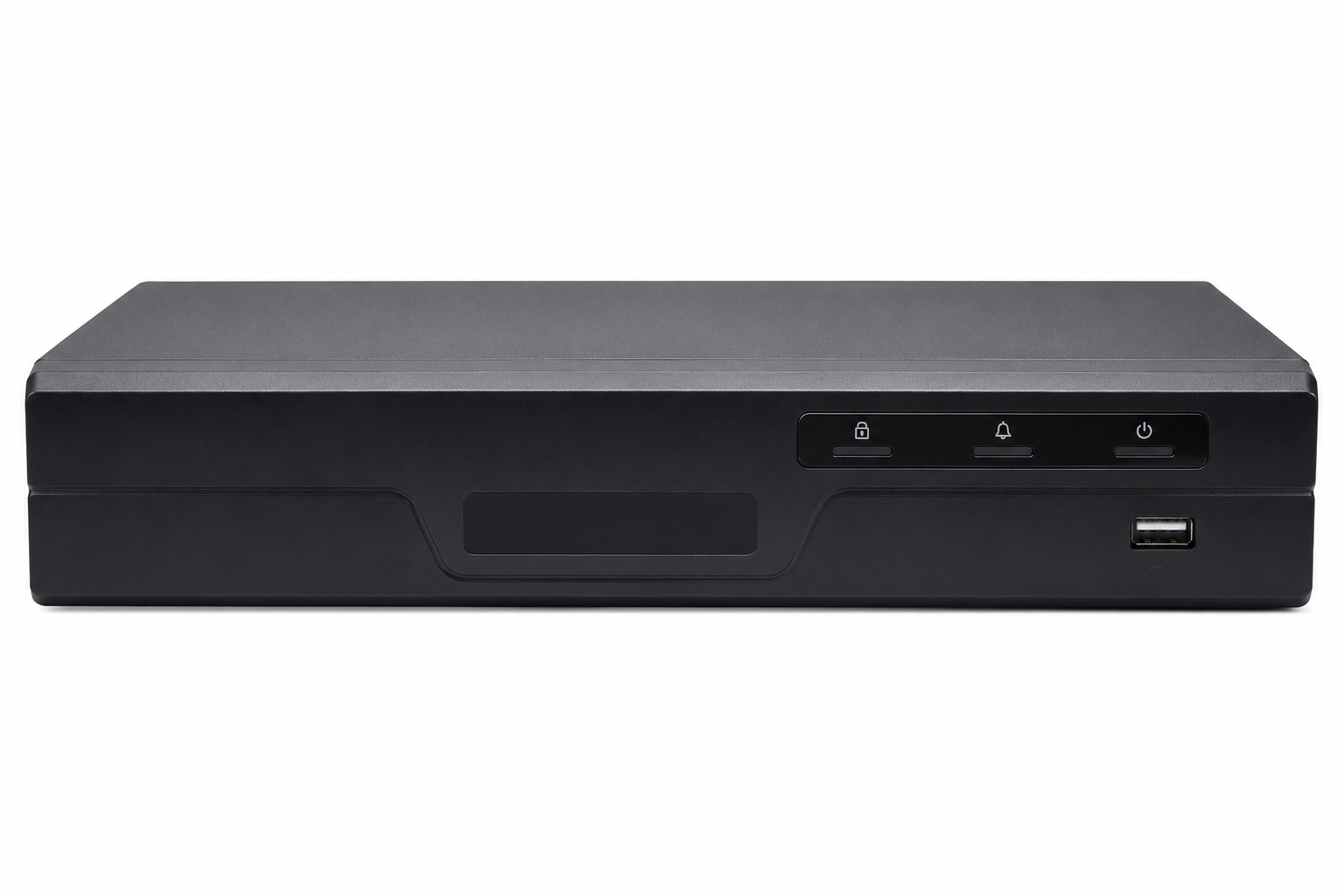 Front view of Montavue Nexus 8-channel PoE Lite AI network video recorder with built-in 8-port PoE switch for security camera systems.