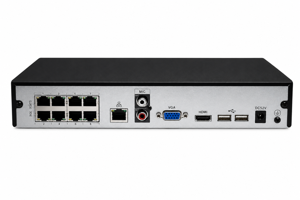 Rear view of Montavue Nexus 8-channel PoE Lite AI network video recorder showing 8 PoE camera ports, network and video connections.