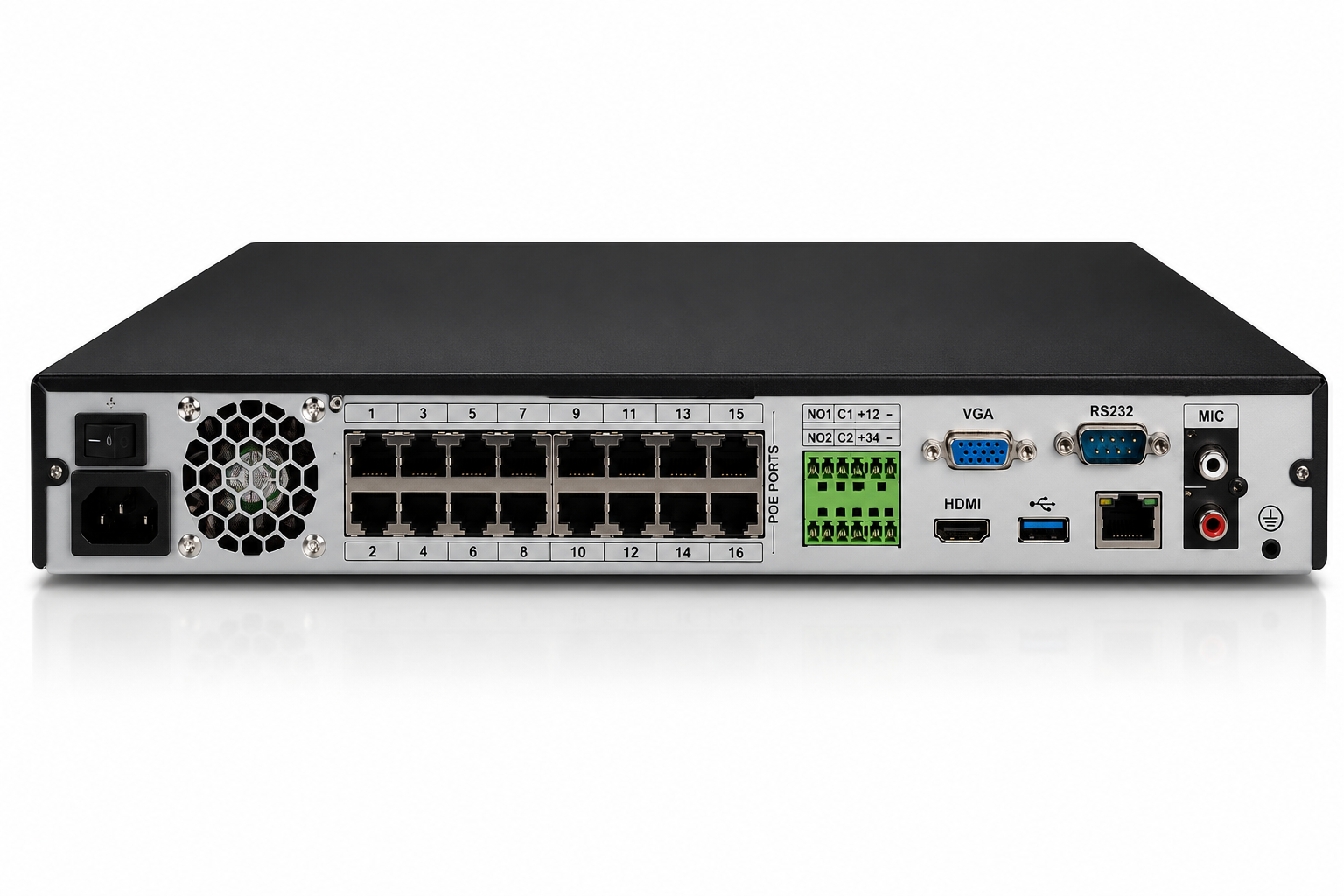Rear view of Montavue Nexus Pro 16-channel PoE AI network video recorder with 16 built-in PoE ports and professional surveillance connections.
