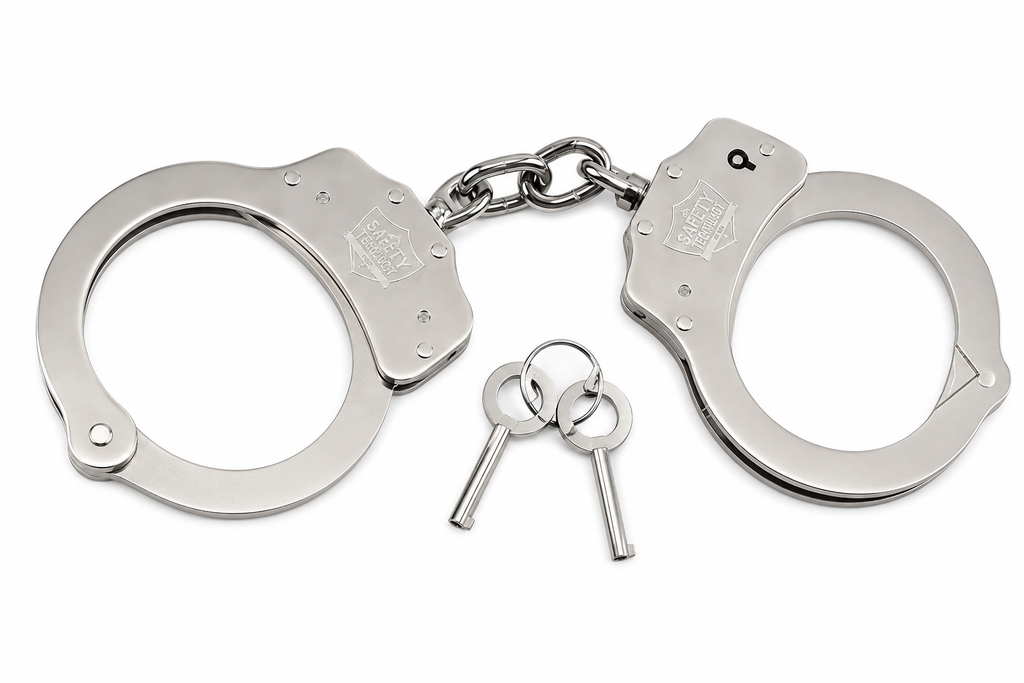 Nickel-plated steel double-lock handcuffs with two included keys on a white background.