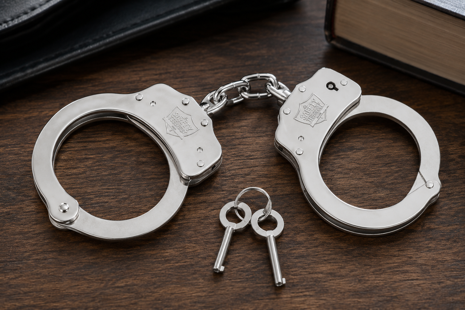 Nickel-plated steel double-lock handcuffs with two keys displayed on a wooden surface.