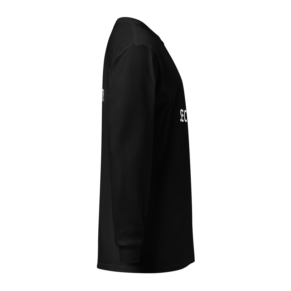 Opposite side view of black SECURITY long-sleeve shirt.