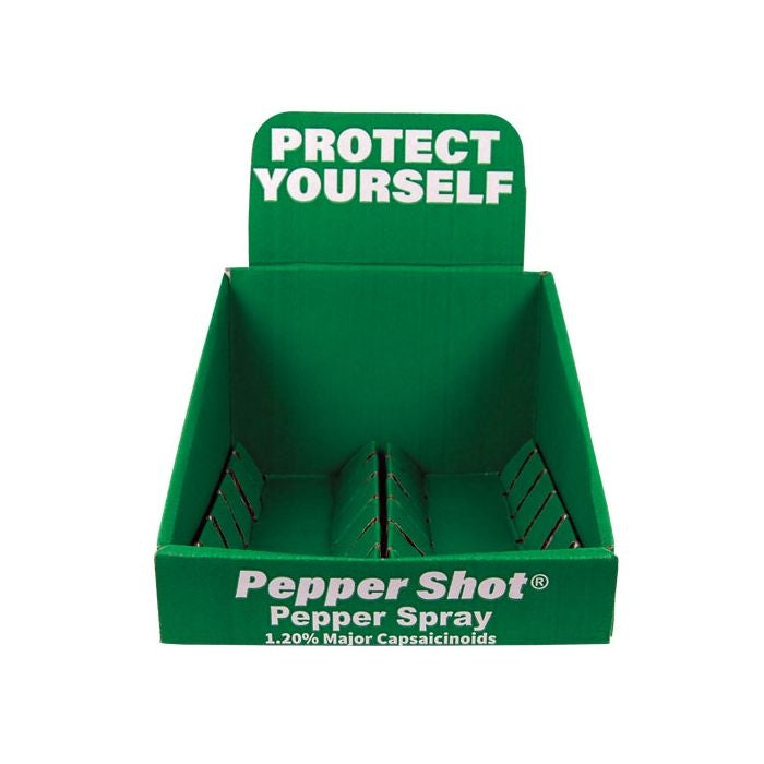 Empty green Pepper Shot countertop retail display