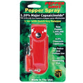 Pepper Shot spray with red leatherette holster and quick-release keychain