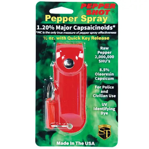 Pepper Shot spray with red leatherette holster and quick-release keychain