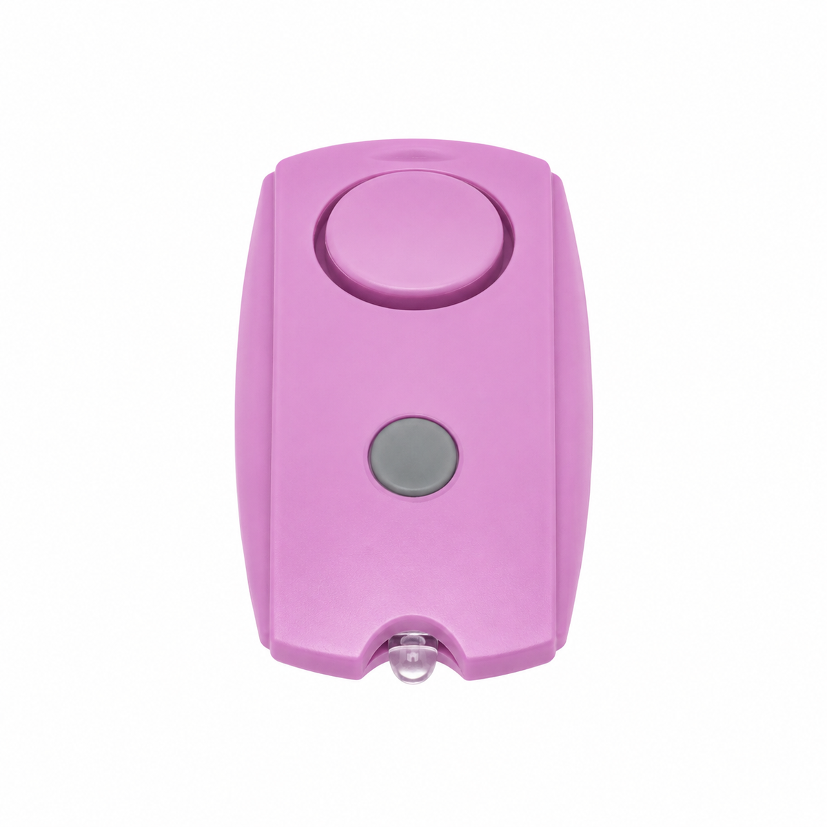 Pink mini personal alarm showing alarm button and LED light.