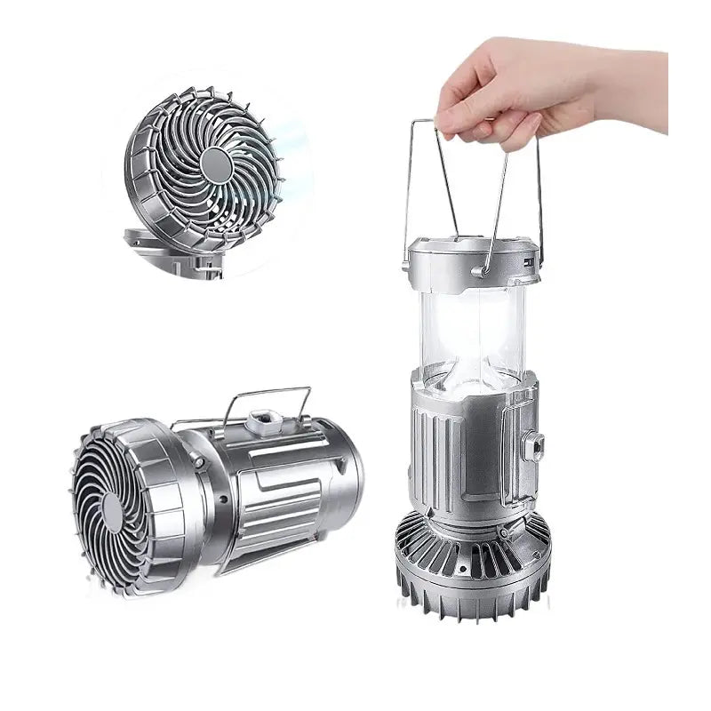 Portable lantern and fan showing hanging lantern and fan configurations.