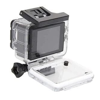 Rear view of action camera in clear housing with rear cover open.