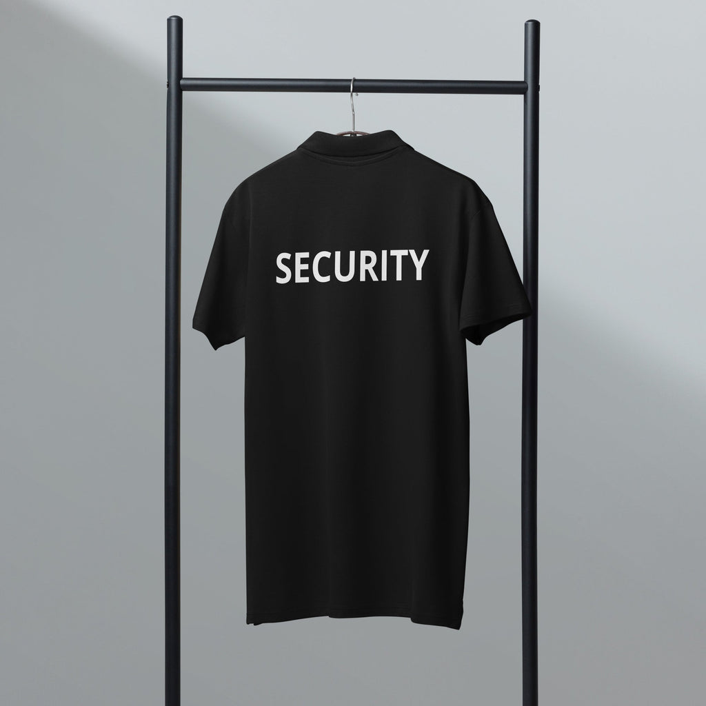 Rear view of black polo shirt with white SECURITY lettering.
