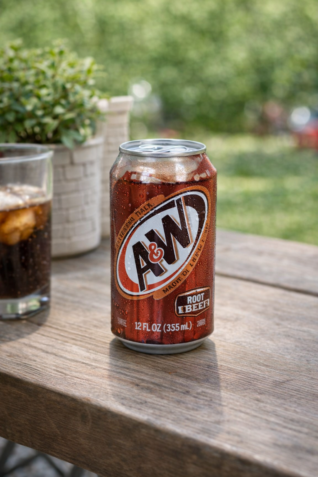Root beer can diversion safe disguised as an everyday beverage can displayed on an outdoor table