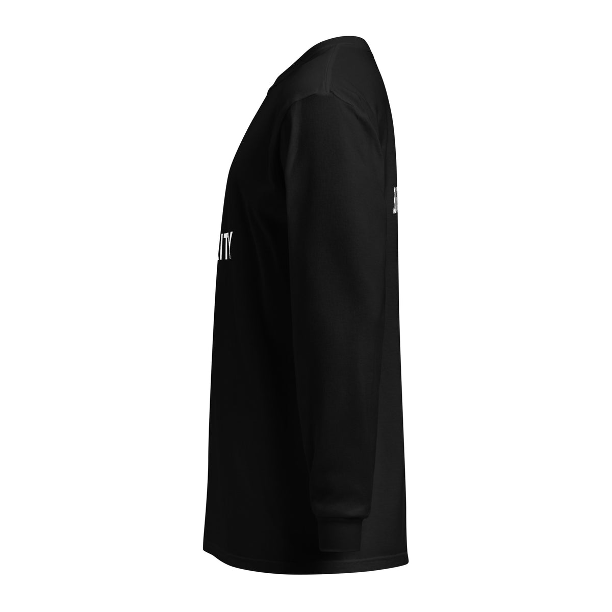 Side view of black SECURITY long-sleeve shirt.