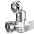 Silver portable lantern and fan shown in extended and collapsed positions.