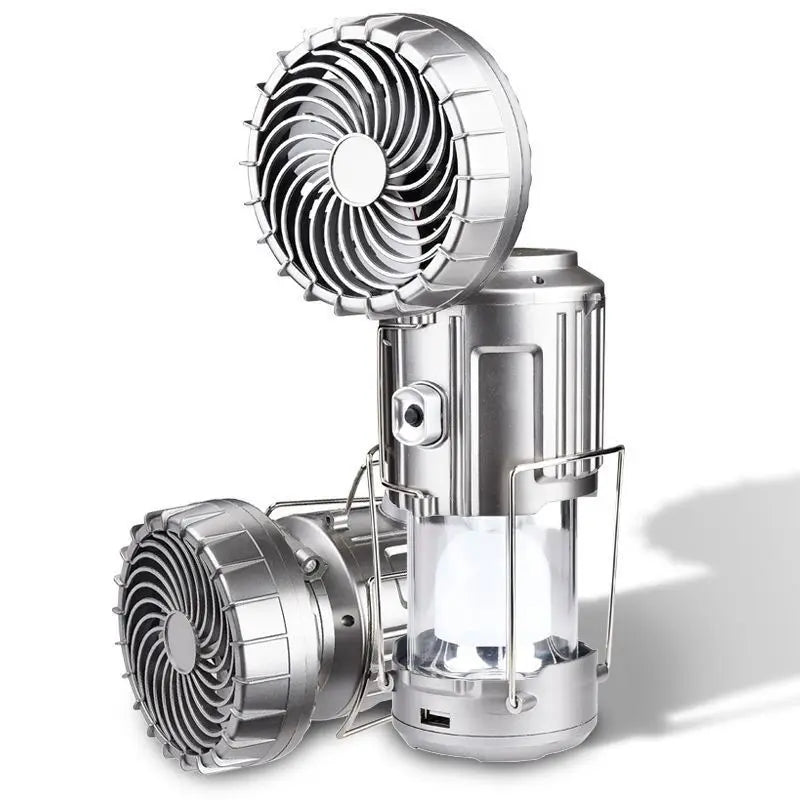Silver portable lantern and fan shown in extended and collapsed positions.